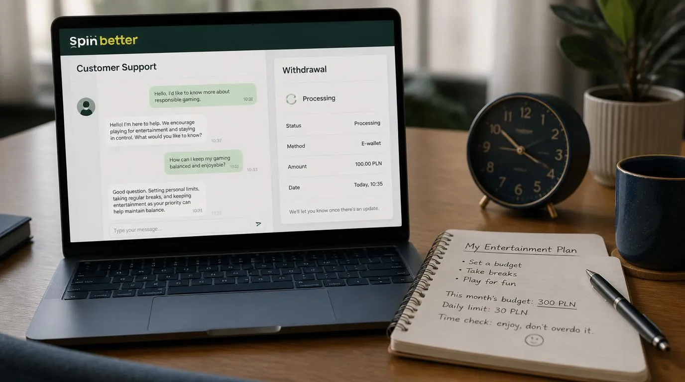 Laptop z panelem pomocy i statusem przetwarzania wypłaty obok notesu z budżetem rozrywki