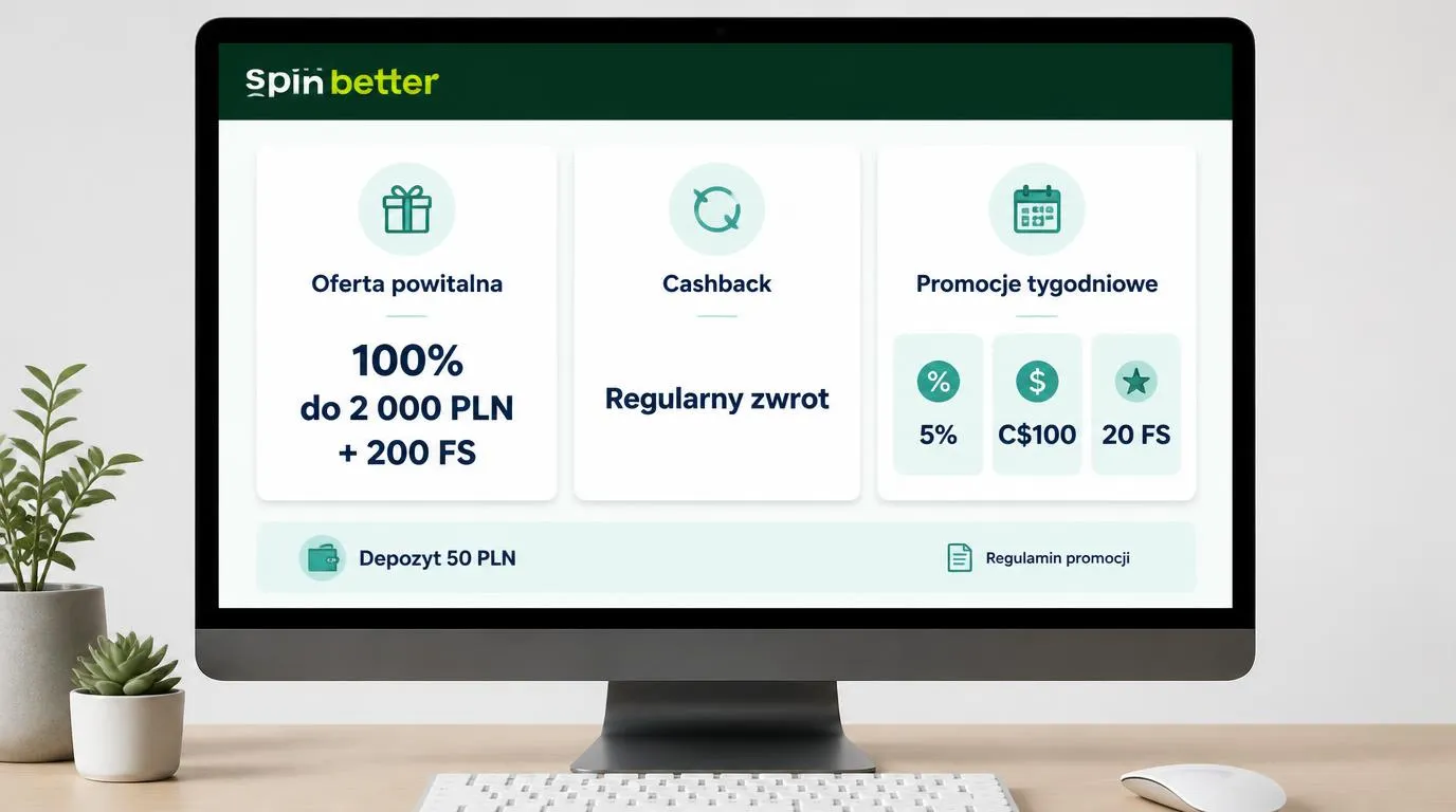 Porównanie bonusu powitalnego, cashbacku i nagród tygodniowych obok informacji o depozycie 50 PLN