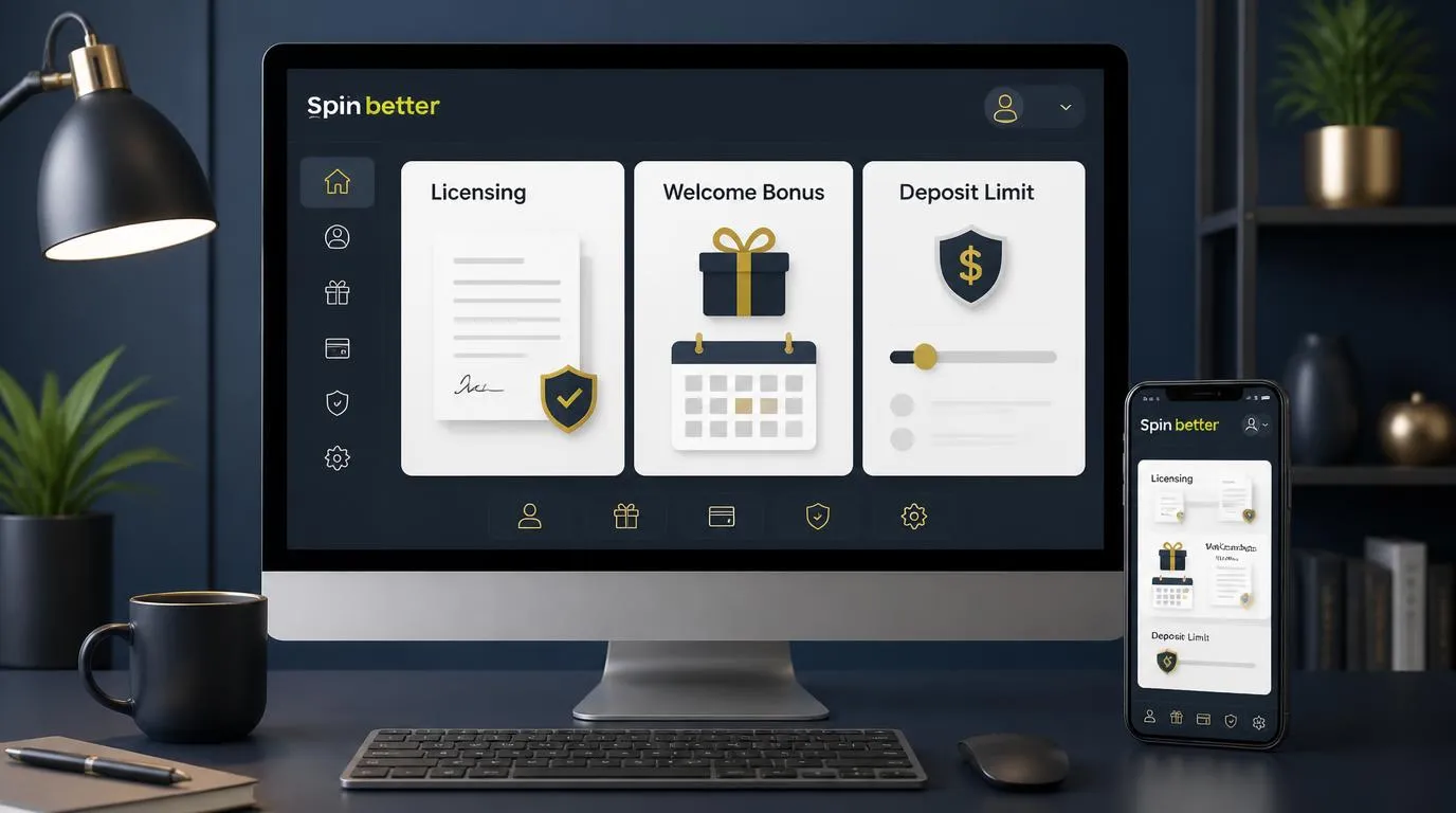 Panel kasyna z warunkami bonusu, informacjami licencyjnymi i ustawieniem limitu wpłat